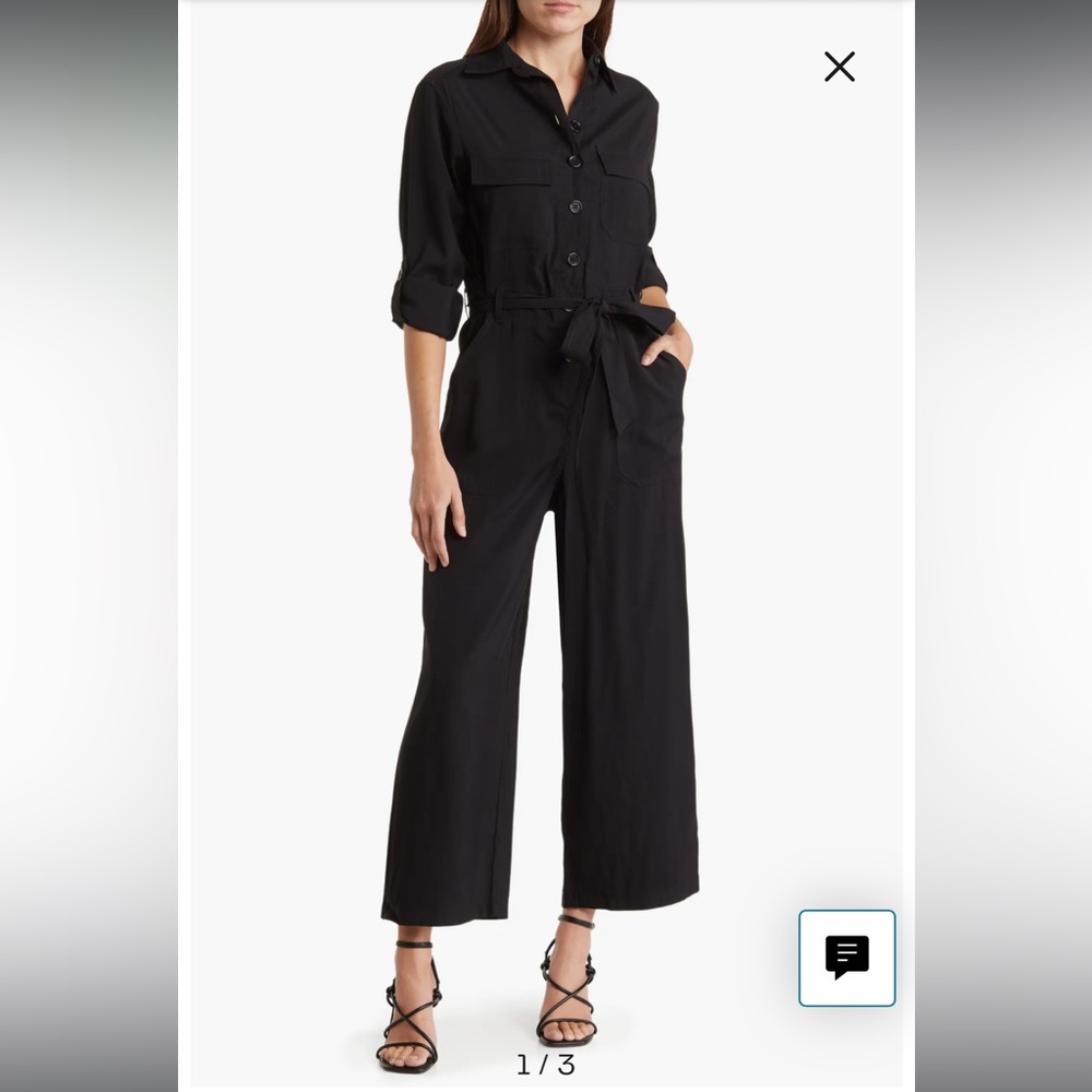 Max Studio London Peach Skin Roll Sleeve Utility Jumpsuit, Black, X-Large
